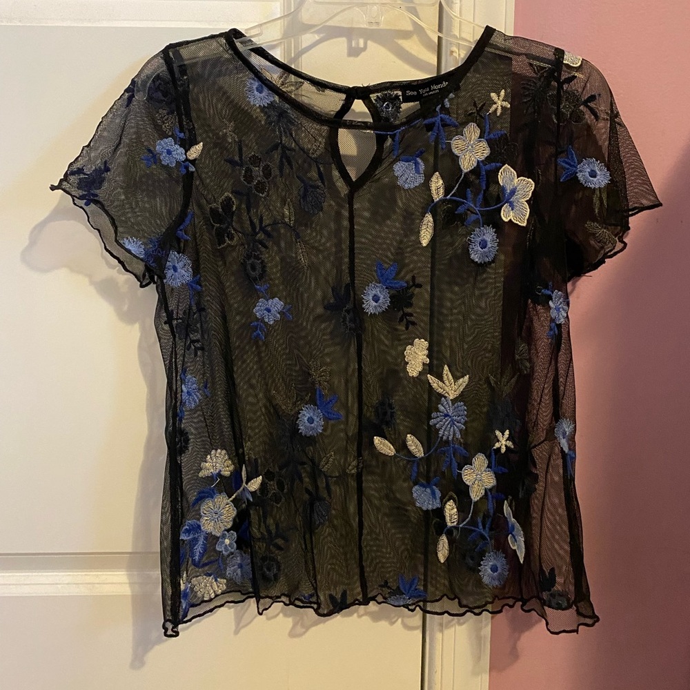Sheer Top with Blue Embroidered Flowers.